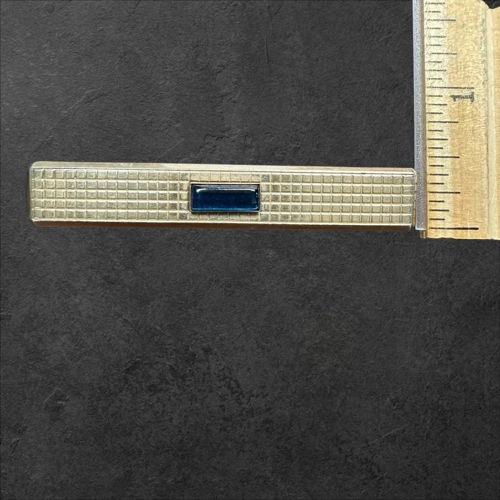 Swank Tie Clip Gold Tone‎ w/Blue Glass Cabochon Vintage Grid Textured MCM